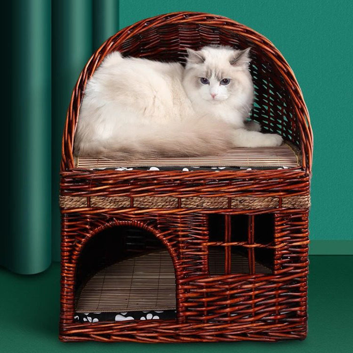 Traditional Farmhouse Half-Round Willow Hemp Rope Handwoven Cat Bed 2-Tier For Bedroom