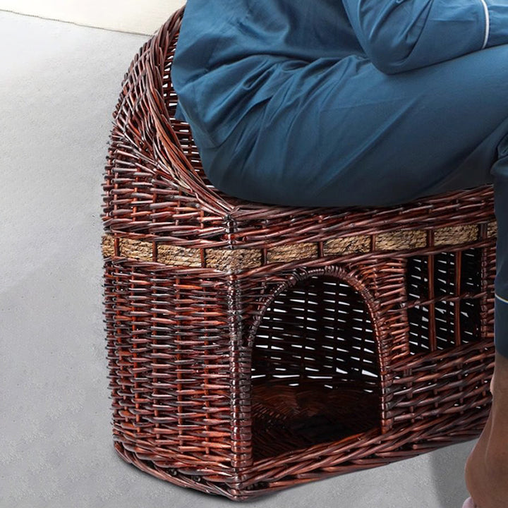 Traditional Farmhouse Half-Round Willow Hemp Rope Handwoven Cat Bed 2-Tier For Bedroom