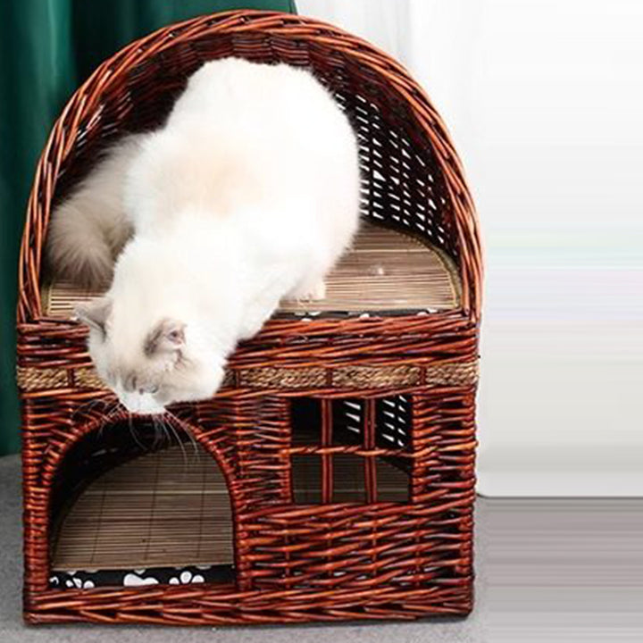 Traditional Farmhouse Half-Round Willow Hemp Rope Handwoven Cat Bed 2-Tier For Bedroom