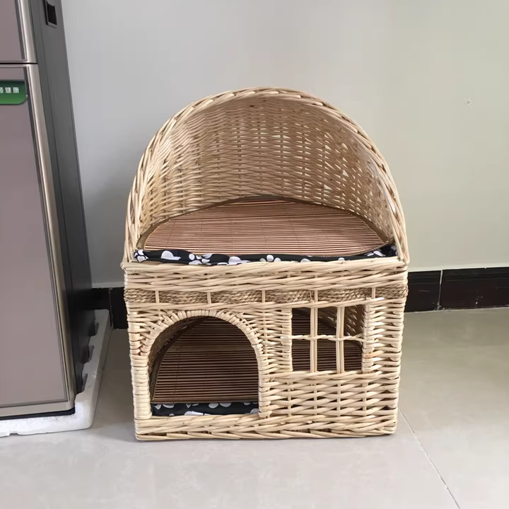Traditional Farmhouse Half-Round Willow Hemp Rope Handwoven Cat Bed 2-Tier For Bedroom