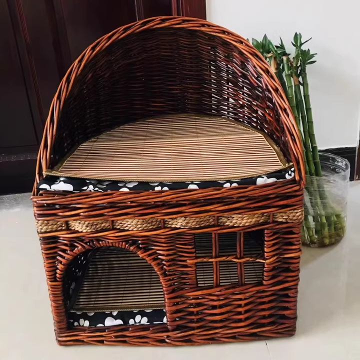 Traditional Farmhouse Half-Round Willow Hemp Rope Handwoven Cat Bed 2-Tier For Bedroom