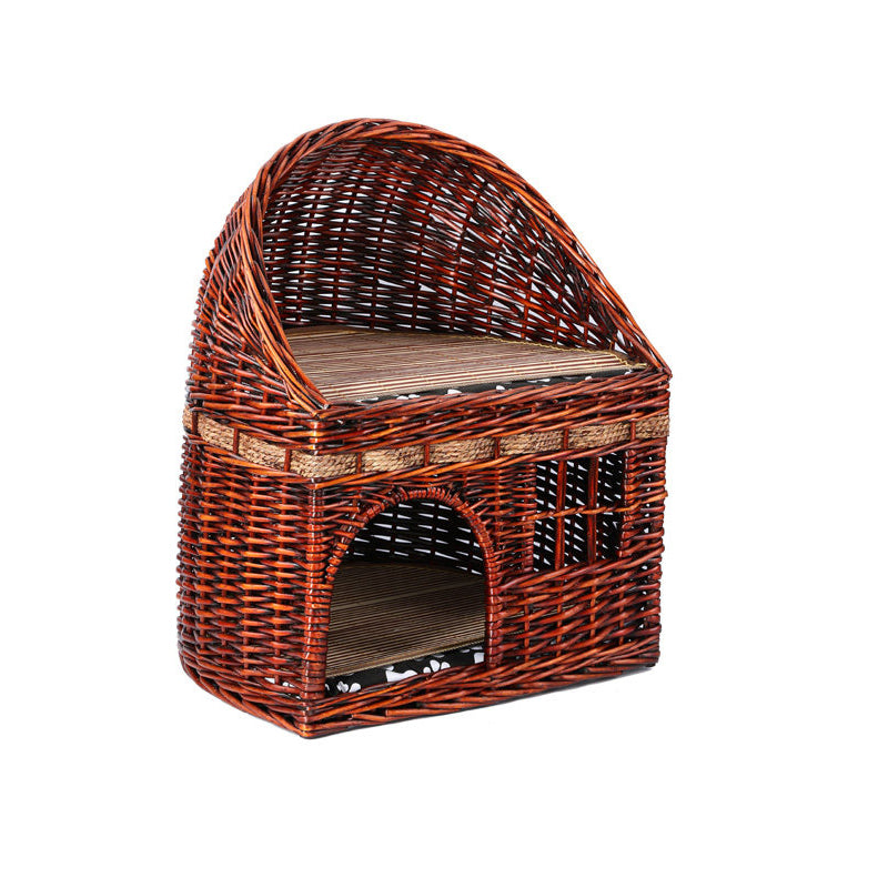 Traditional Farmhouse Half-Round Willow Hemp Rope Handwoven Cat Bed 2-Tier For Bedroom