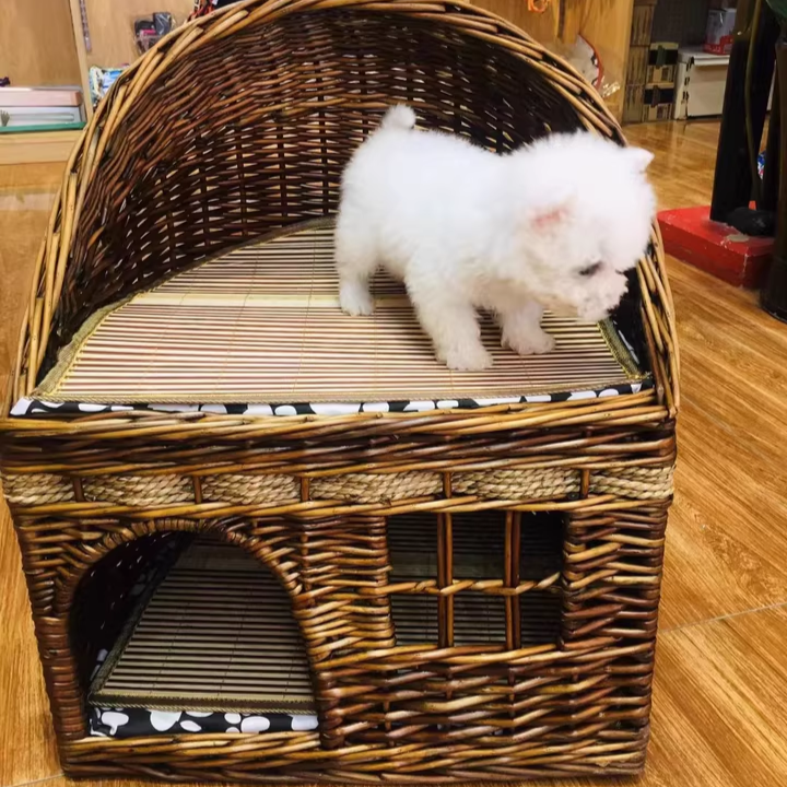 Traditional Farmhouse Half-Round Willow Hemp Rope Handwoven Cat Bed 2-Tier For Bedroom