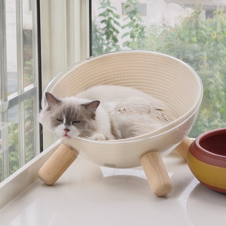 Cama para gatos contemporánea escandinava redonda de madera de caucho PET hierro transparente para dormitorio 