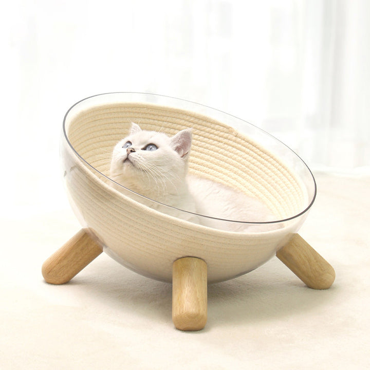 Cama para gatos contemporánea escandinava redonda de madera de caucho PET hierro transparente para dormitorio 