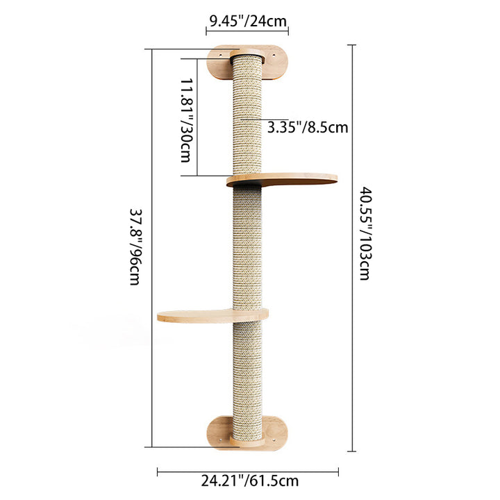 Contemporary Scandinavian Round Rubberwood Solid Wood Kraft Paper Rope Cat Tree 3-Tier For Living Room