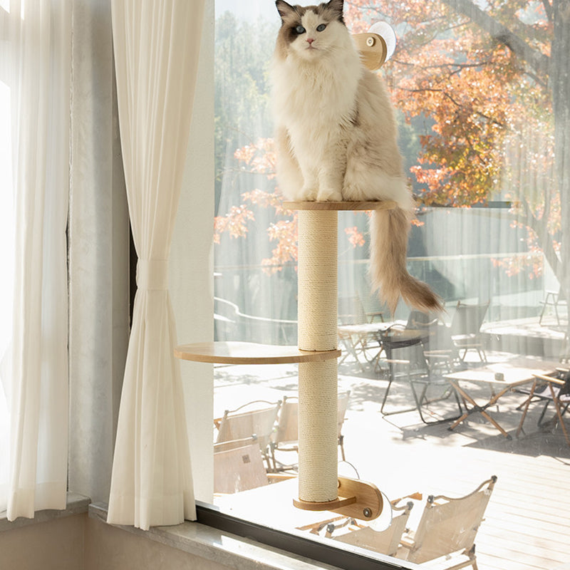 Contemporary Scandinavian Round Rubberwood Solid Wood Kraft Paper Rope Cat Tree 3-Tier For Living Room