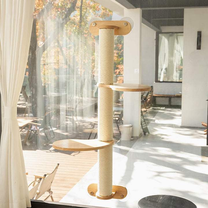 Contemporary Scandinavian Round Rubberwood Solid Wood Kraft Paper Rope Cat Tree 3-Tier For Living Room