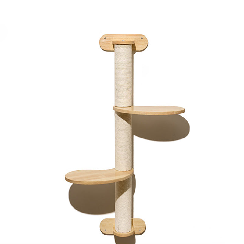 Contemporary Scandinavian Round Rubberwood Solid Wood Kraft Paper Rope Cat Tree 3-Tier For Living Room