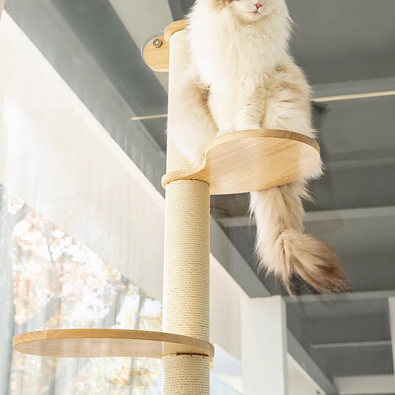 Contemporary Scandinavian Round Rubberwood Solid Wood Kraft Paper Rope Cat Tree 3-Tier For Living Room