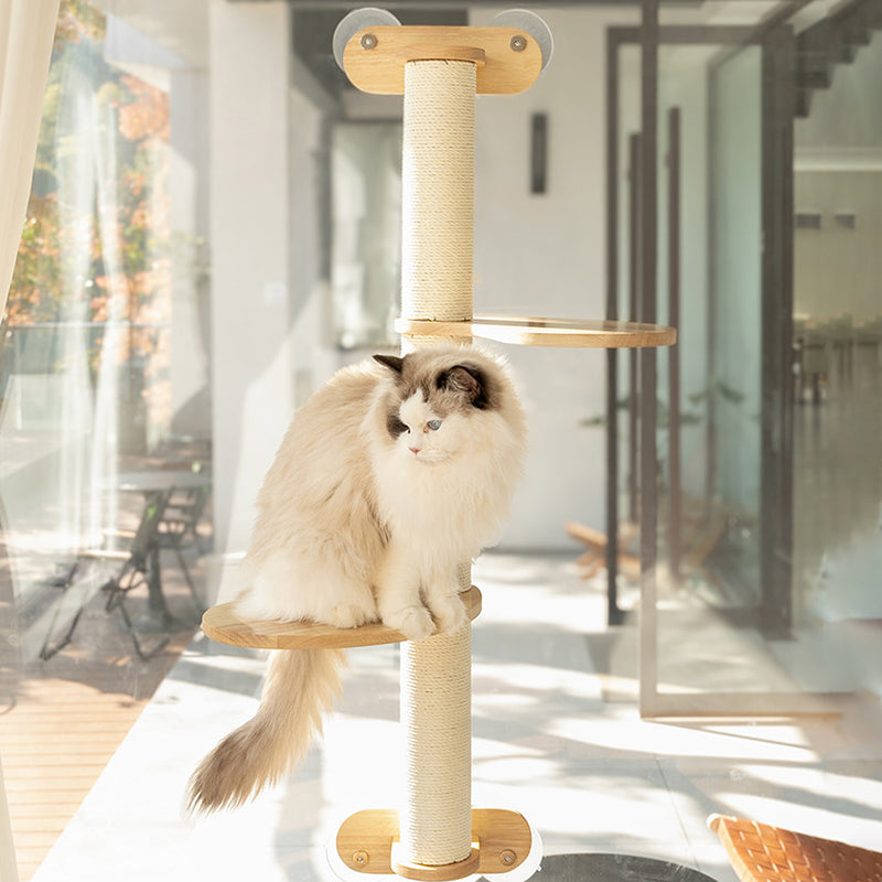 Contemporary Scandinavian Round Rubberwood Solid Wood Kraft Paper Rope Cat Tree 3-Tier For Living Room