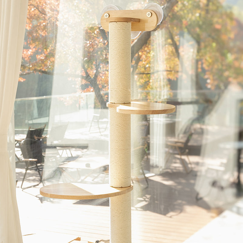 Contemporary Scandinavian Round Rubberwood Solid Wood Kraft Paper Rope Cat Tree 3-Tier For Living Room