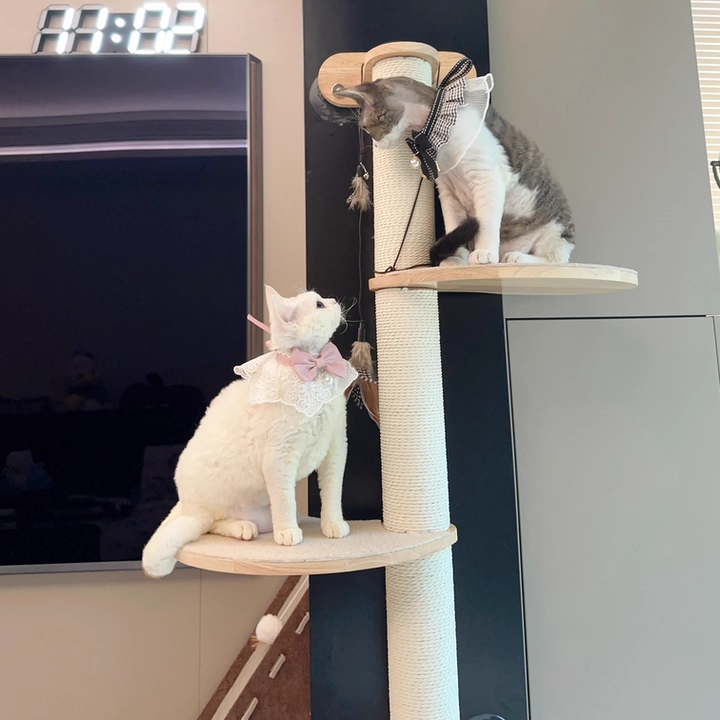 Contemporary Scandinavian Round Rubberwood Solid Wood Kraft Paper Rope Cat Tree 3-Tier For Living Room