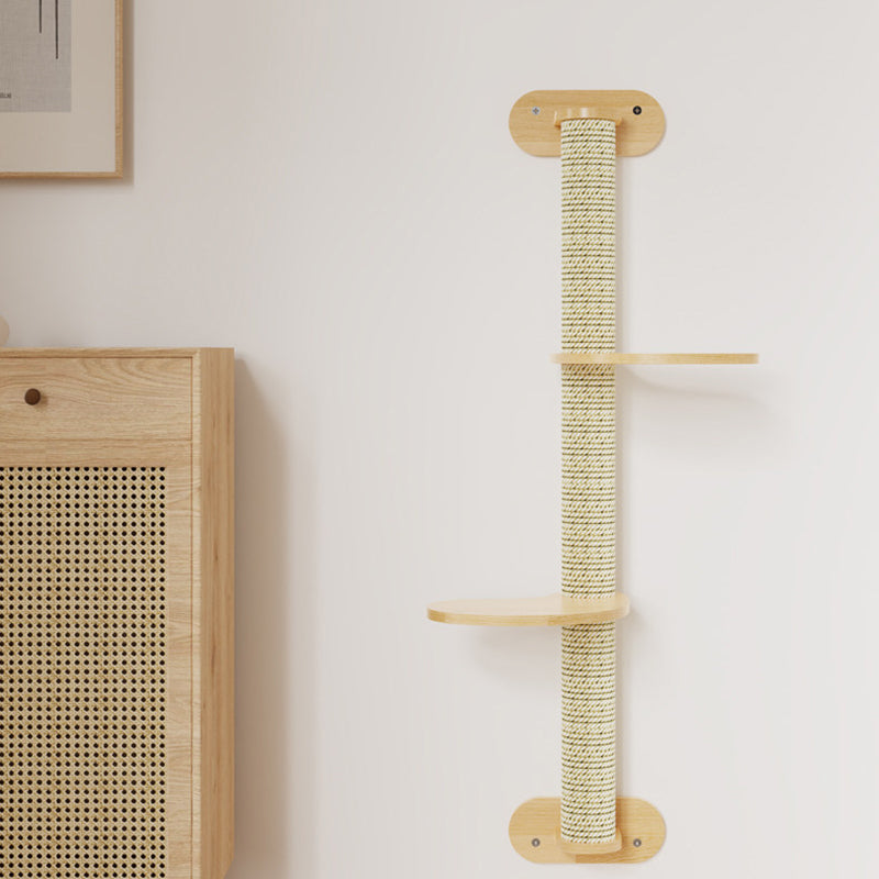Contemporary Scandinavian Round Rubberwood Solid Wood Kraft Paper Rope Cat Tree 3-Tier For Living Room