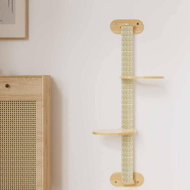 Contemporary Scandinavian Round Rubberwood Solid Wood Kraft Paper Rope Cat Tree 3-Tier For Living Room