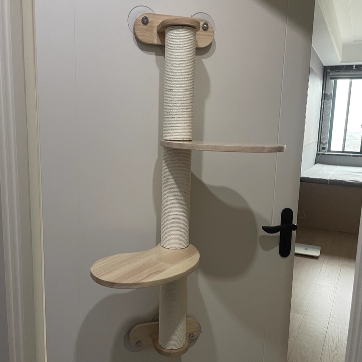Contemporary Scandinavian Round Rubberwood Solid Wood Kraft Paper Rope Cat Tree 3-Tier For Living Room