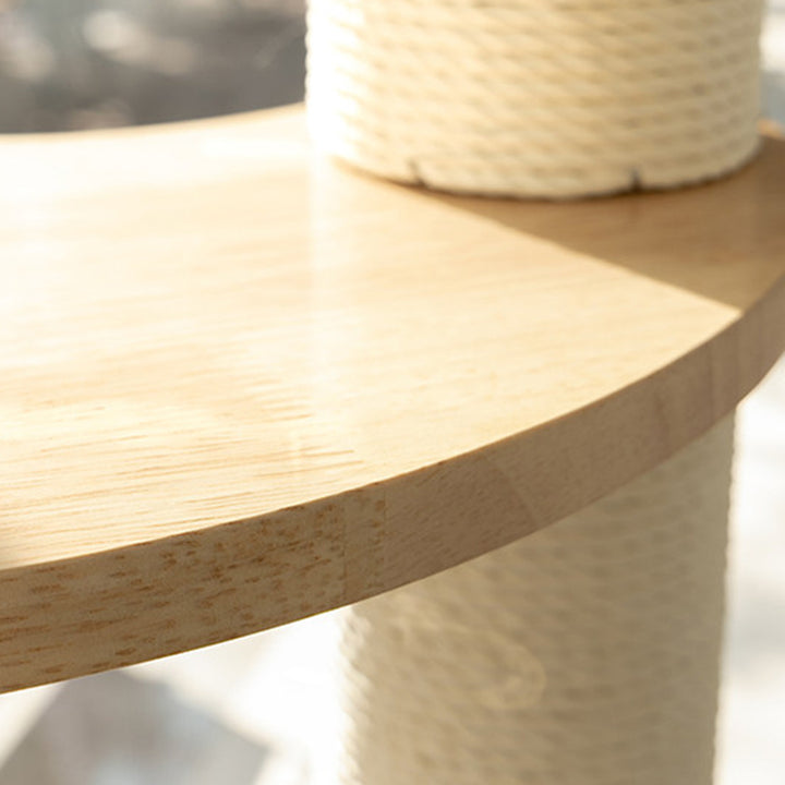 Contemporary Scandinavian Round Rubberwood Solid Wood Kraft Paper Rope Cat Tree 3-Tier For Living Room