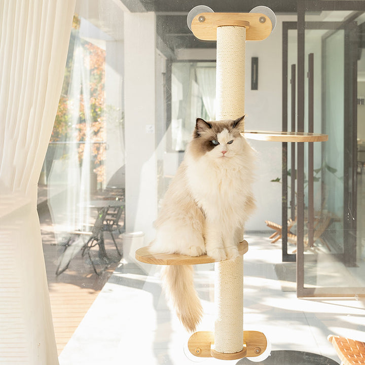 Contemporary Scandinavian Round Rubberwood Solid Wood Kraft Paper Rope Cat Tree 3-Tier For Living Room