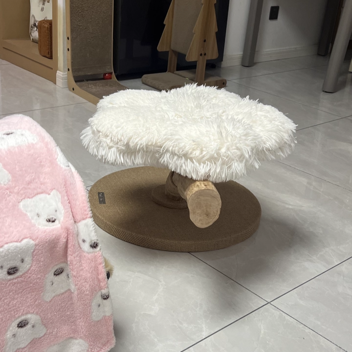 Arbre à chat contemporain scandinave rond en panneau de particules, bois de fruitier naturel, tissu velours, corde de chanvre, à 2 niveaux pour salon 