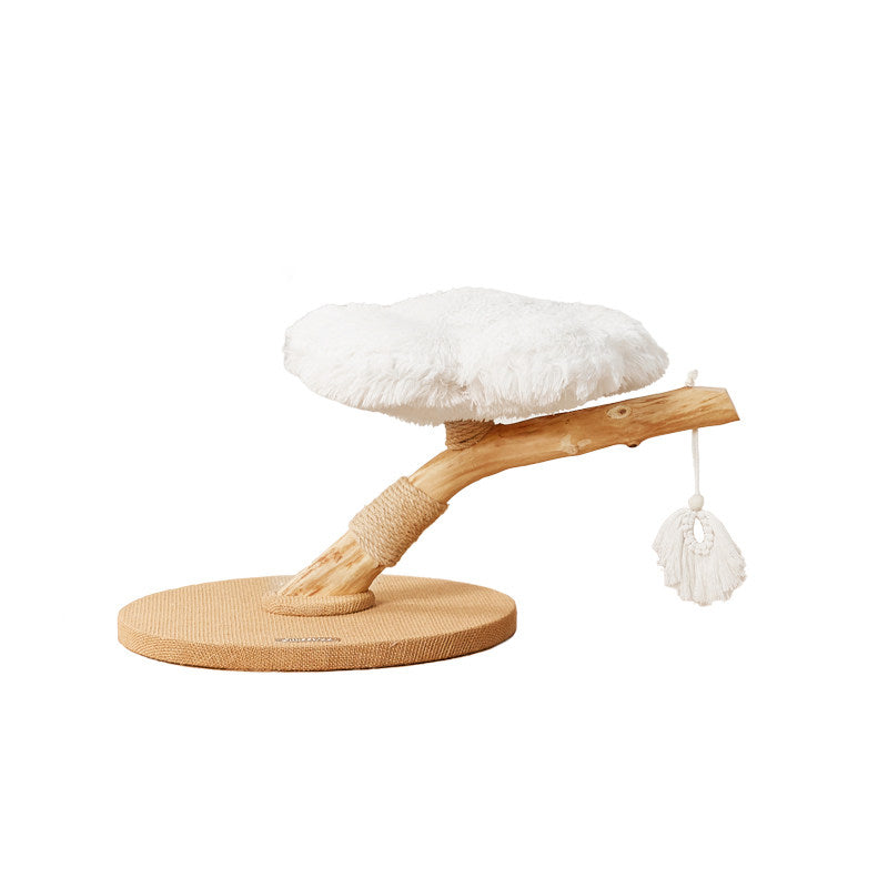 Arbre à chat contemporain scandinave rond en panneau de particules, bois de fruitier naturel, tissu velours, corde de chanvre, à 2 niveaux pour salon 