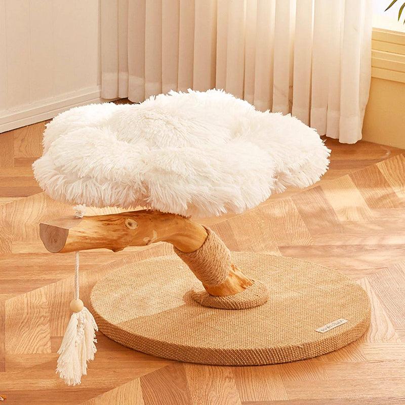 Arbre à chat contemporain scandinave rond en panneau de particules, bois de fruitier naturel, tissu velours, corde de chanvre, à 2 niveaux pour salon 
