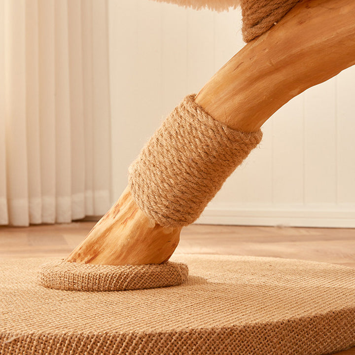 Arbre à chat contemporain scandinave rond en panneau de particules, bois de fruitier naturel, tissu velours, corde de chanvre, à 2 niveaux pour salon 