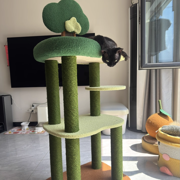 Arbre à chat contemporain créatif rectangulaire en panneaux de particules, carton, tissu velours et sisal, à 4 niveaux pour salon 