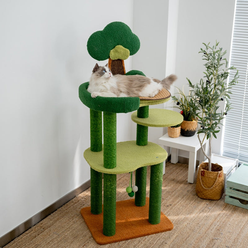 Arbre à chat contemporain créatif rectangulaire en panneaux de particules, carton, tissu velours et sisal, à 4 niveaux pour salon 
