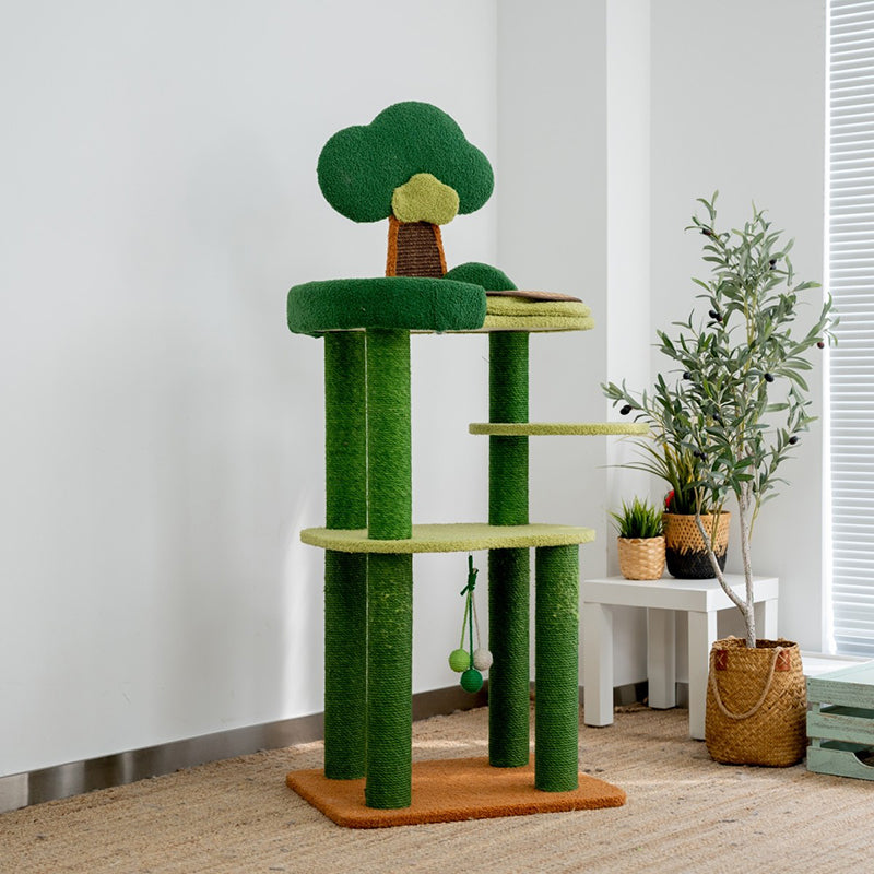 Arbre à chat contemporain créatif rectangulaire en panneaux de particules, carton, tissu velours et sisal, à 4 niveaux pour salon 