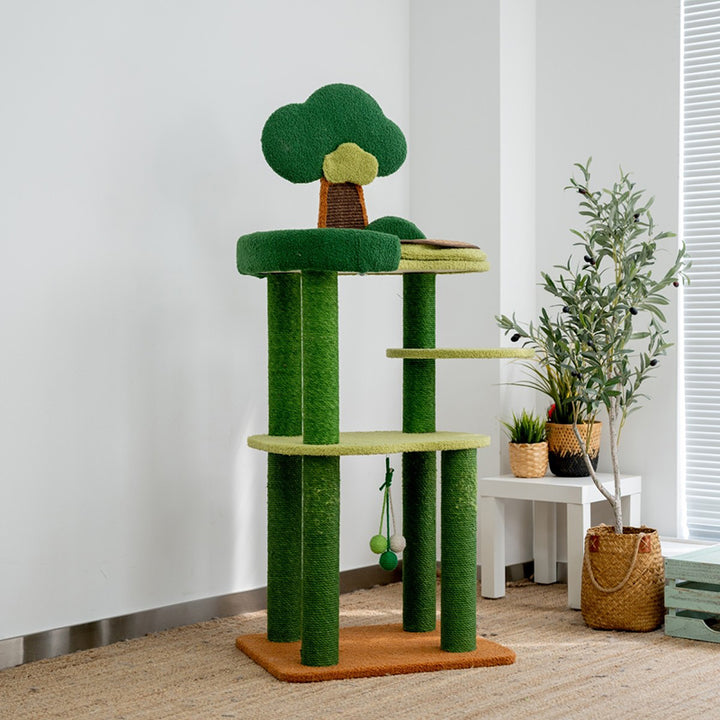 Arbre à chat contemporain créatif rectangulaire en panneaux de particules, carton, tissu velours et sisal, à 4 niveaux pour salon 
