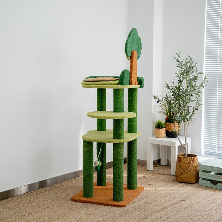 Arbre à chat contemporain créatif rectangulaire en panneaux de particules, carton, tissu velours et sisal, à 4 niveaux pour salon 
