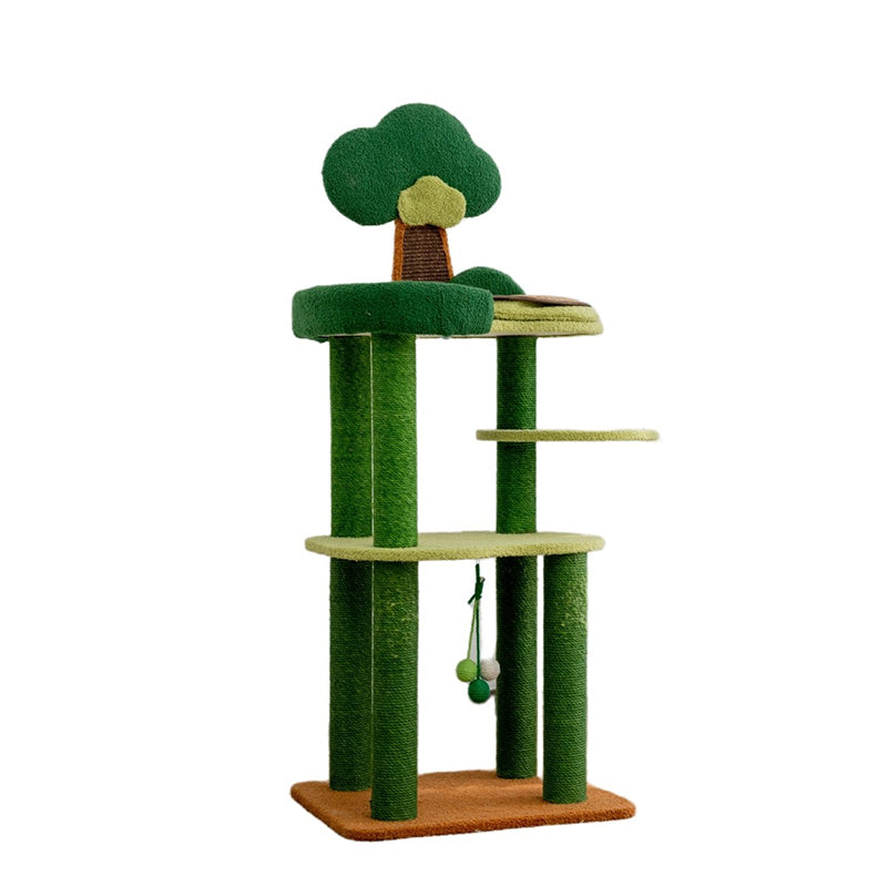 Arbre à chat contemporain créatif rectangulaire en panneaux de particules, carton, tissu velours et sisal, à 4 niveaux pour salon 