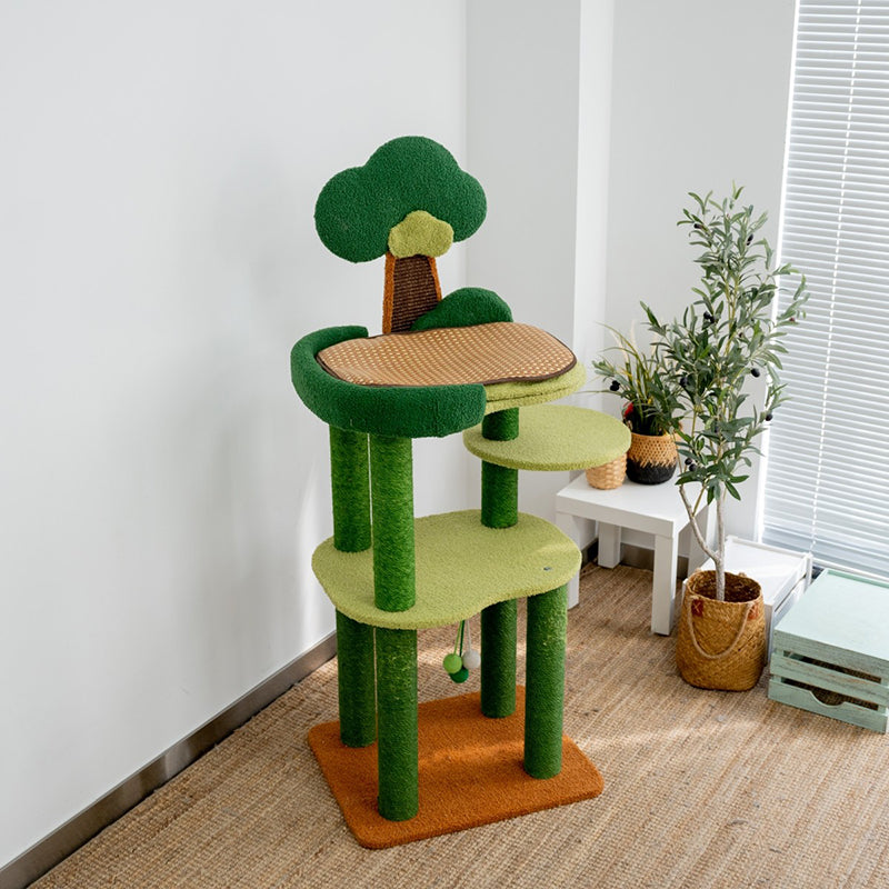 Arbre à chat contemporain créatif rectangulaire en panneaux de particules, carton, tissu velours et sisal, à 4 niveaux pour salon 