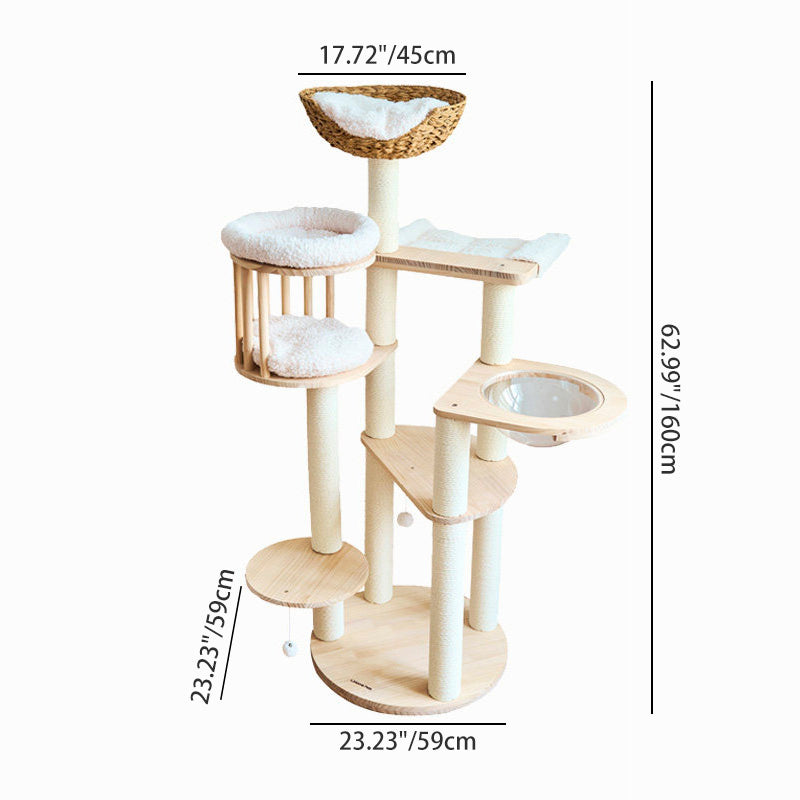 Árbol para gatos contemporáneo escandinavo redondo de madera maciza de pino con imitación de ratán, tela de terciopelo y cuerda de papel kraft de 5 niveles para sala de estar 