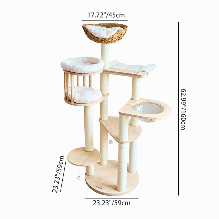 Arbre à chat contemporain scandinave rond en bois de pin massif, faux rotin, tissu velours, corde en papier kraft, 5 niveaux pour salon 