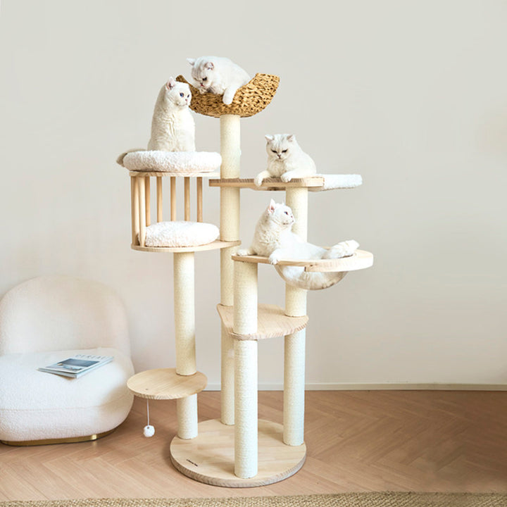 Arbre à chat contemporain scandinave rond en bois de pin massif, faux rotin, tissu velours, corde en papier kraft, 5 niveaux pour salon 