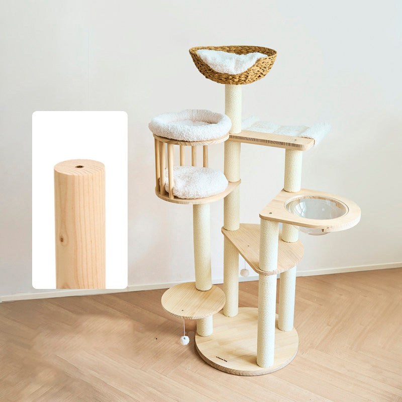 Árbol para gatos contemporáneo escandinavo redondo de madera maciza de pino con imitación de ratán, tela de terciopelo y cuerda de papel kraft de 5 niveles para sala de estar 