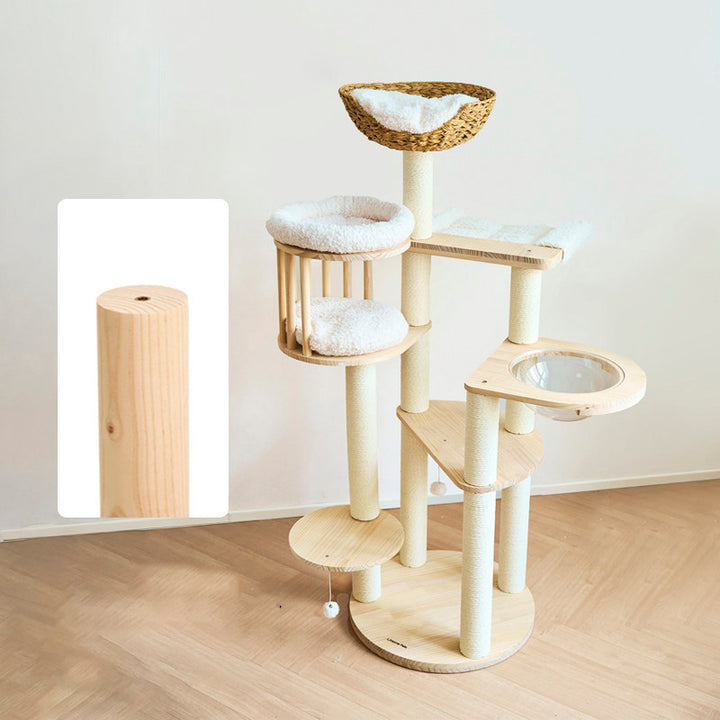 Árbol para gatos contemporáneo escandinavo redondo de madera maciza de pino con imitación de ratán, tela de terciopelo y cuerda de papel kraft de 5 niveles para sala de estar 