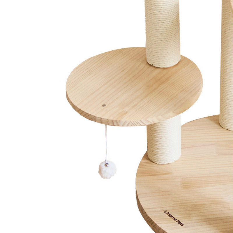 Árbol para gatos contemporáneo escandinavo redondo de madera maciza de pino con imitación de ratán, tela de terciopelo y cuerda de papel kraft de 5 niveles para sala de estar 