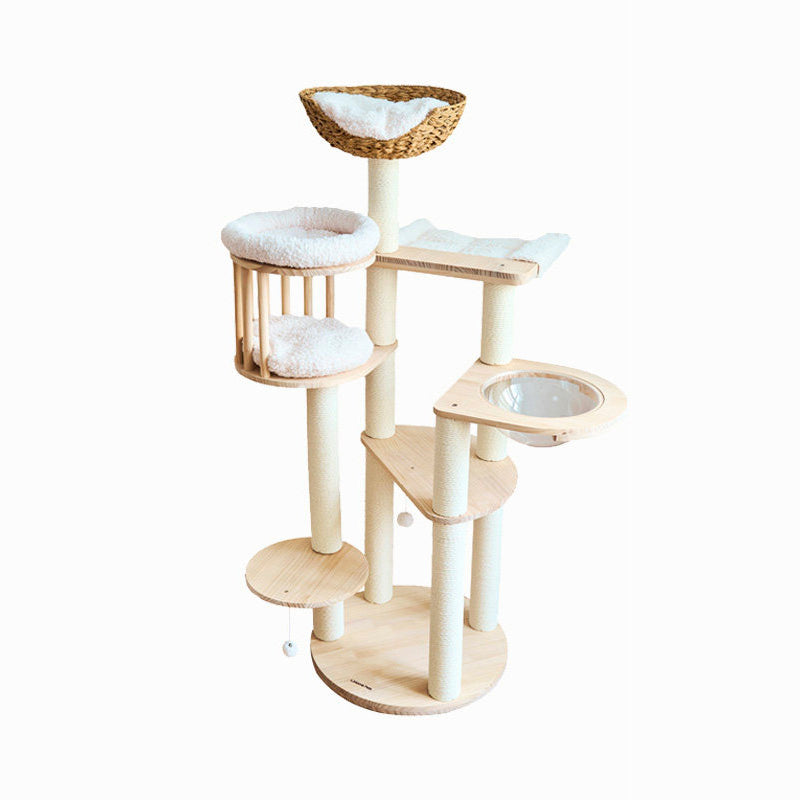 Árbol para gatos contemporáneo escandinavo redondo de madera maciza de pino con imitación de ratán, tela de terciopelo y cuerda de papel kraft de 5 niveles para sala de estar 