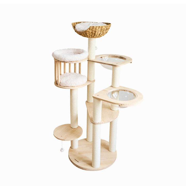Árbol para gatos contemporáneo escandinavo redondo de madera maciza de pino con imitación de ratán, tela de terciopelo y cuerda de papel kraft de 5 niveles para sala de estar 