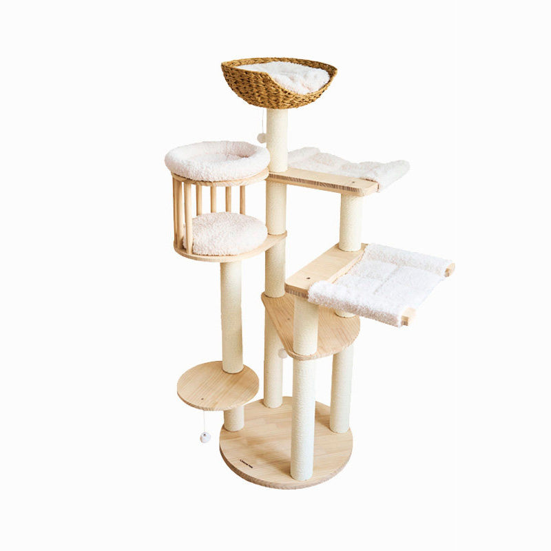 Árbol para gatos contemporáneo escandinavo redondo de madera maciza de pino con imitación de ratán, tela de terciopelo y cuerda de papel kraft de 5 niveles para sala de estar 