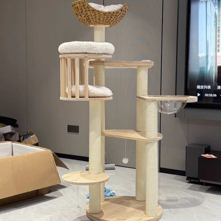 Árbol para gatos contemporáneo escandinavo redondo de madera maciza de pino con imitación de ratán, tela de terciopelo y cuerda de papel kraft de 5 niveles para sala de estar 