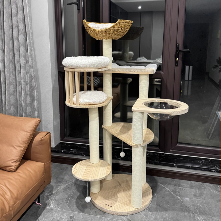 Árbol para gatos contemporáneo escandinavo redondo de madera maciza de pino con imitación de ratán, tela de terciopelo y cuerda de papel kraft de 5 niveles para sala de estar 