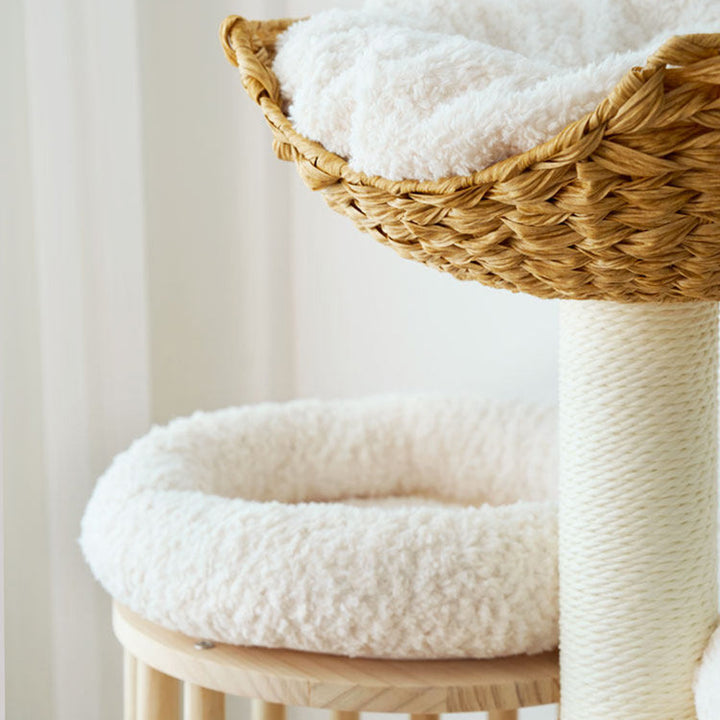 Árbol para gatos contemporáneo escandinavo redondo de madera maciza de pino con imitación de ratán, tela de terciopelo y cuerda de papel kraft de 5 niveles para sala de estar 