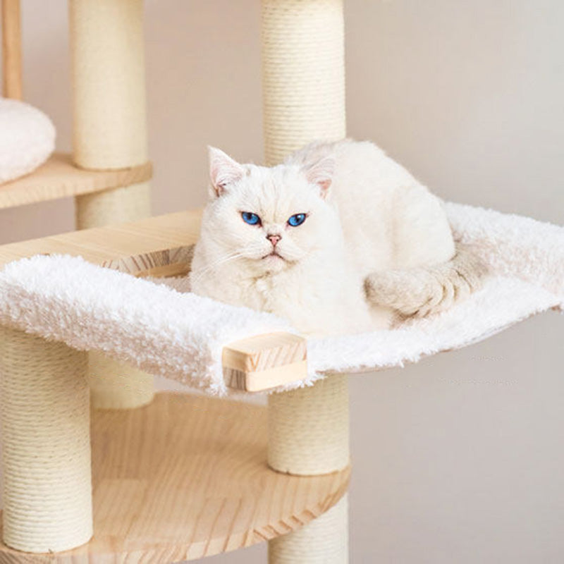 Árbol para gatos contemporáneo escandinavo redondo de madera maciza de pino con imitación de ratán, tela de terciopelo y cuerda de papel kraft de 5 niveles para sala de estar 