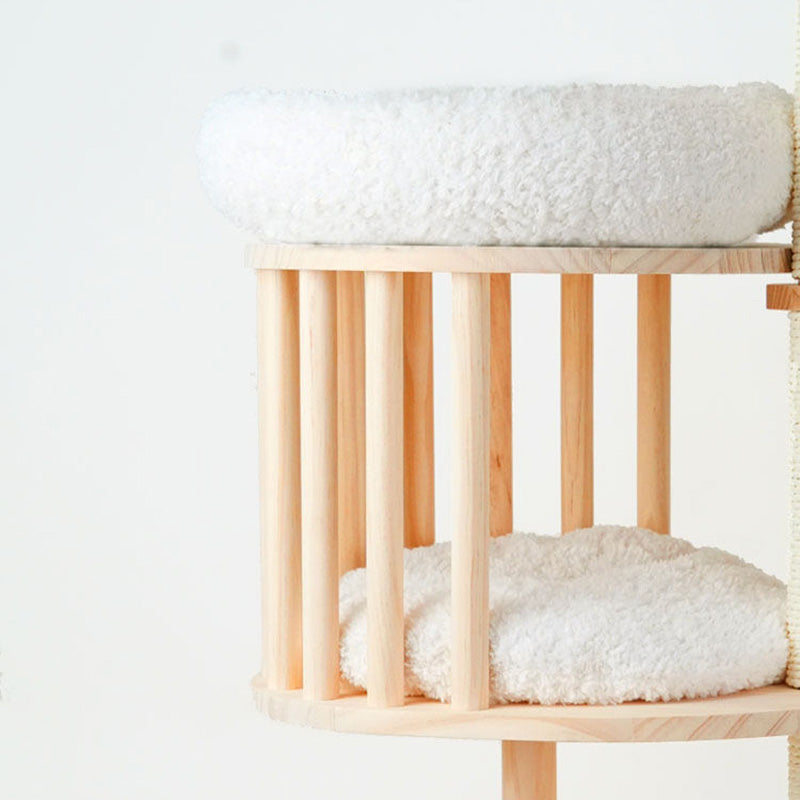 Árbol para gatos contemporáneo escandinavo redondo de madera maciza de pino con imitación de ratán, tela de terciopelo y cuerda de papel kraft de 5 niveles para sala de estar 