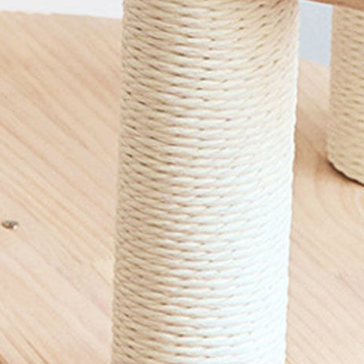 Árbol para gatos contemporáneo escandinavo redondo de madera maciza de pino con imitación de ratán, tela de terciopelo y cuerda de papel kraft de 5 niveles para sala de estar 
