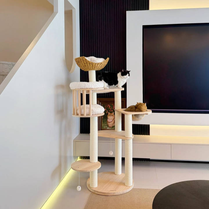 Árbol para gatos contemporáneo escandinavo redondo de madera maciza de pino con imitación de ratán, tela de terciopelo y cuerda de papel kraft de 5 niveles para sala de estar 