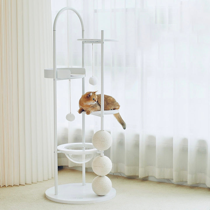 Arbre à chat contemporain scandinave rond en bois de pin massif, panneau de fibres à densité moyenne, fer, sisal, acrylique, 5 niveaux pour salon 